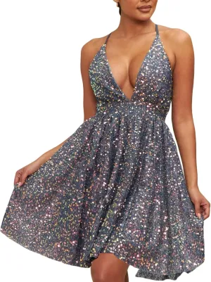 Women Y2K Deep V Neck Halter Mini Dress Sleeveless Low Cut Cutout Backless Ruffle Wrinkles Sequins A-Line Cocktail Dresses