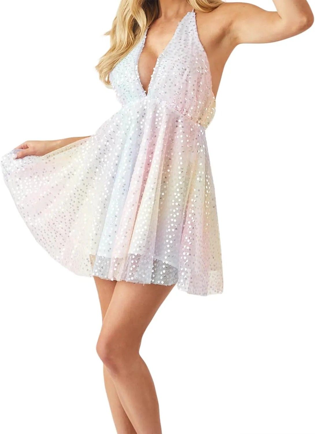 Women Y2K Deep V Neck Halter Mini Dress Sleeveless Low Cut Cutout Backless Ruffle Wrinkles Sequins A-Line Cocktail Dresses