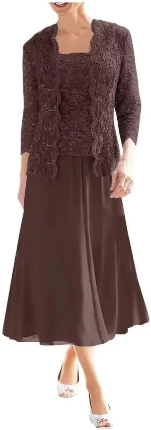 Women's 2 Pieces Mother of The Bride Dresses with Jackets Tea Length Lace Sequin Formal Dresses for Women Wedding Guest