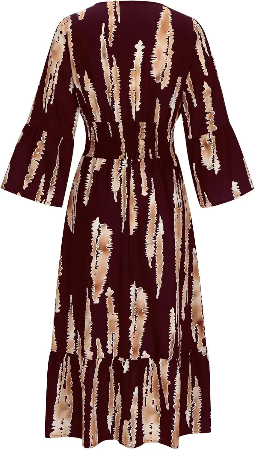 Womens 2024 Boho Print Midi Vacation Dress Summer Bell Sleeve Deep V Neck Smocked High Waist Tiered Ruffle Beach Dresses