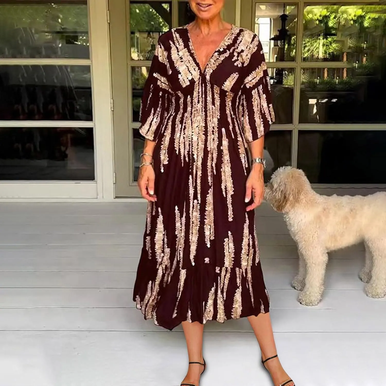 Womens 2024 Boho Print Midi Vacation Dress Summer Bell Sleeve Deep V Neck Smocked High Waist Tiered Ruffle Beach Dresses
