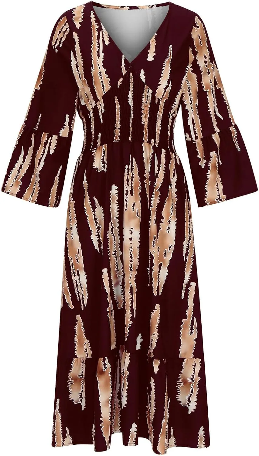 Womens 2024 Boho Print Midi Vacation Dress Summer Bell Sleeve Deep V Neck Smocked High Waist Tiered Ruffle Beach Dresses