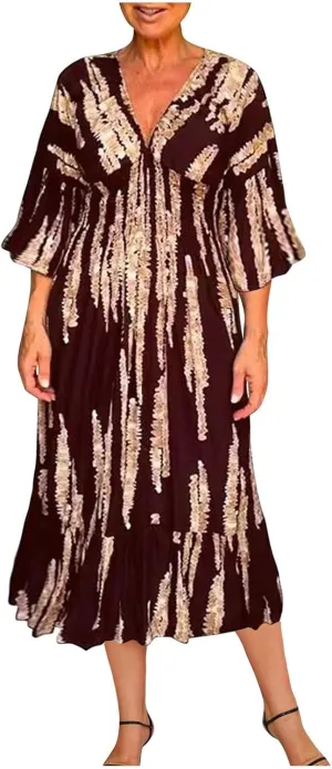 Womens 2024 Boho Print Midi Vacation Dress Summer Bell Sleeve Deep V Neck Smocked High Waist Tiered Ruffle Beach Dresses