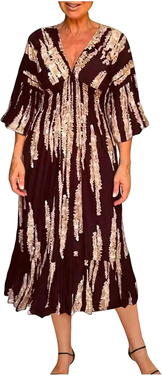 Womens 2024 Boho Print Midi Vacation Dress Summer Bell Sleeve Deep V Neck Smocked High Waist Tiered Ruffle Beach Dresses