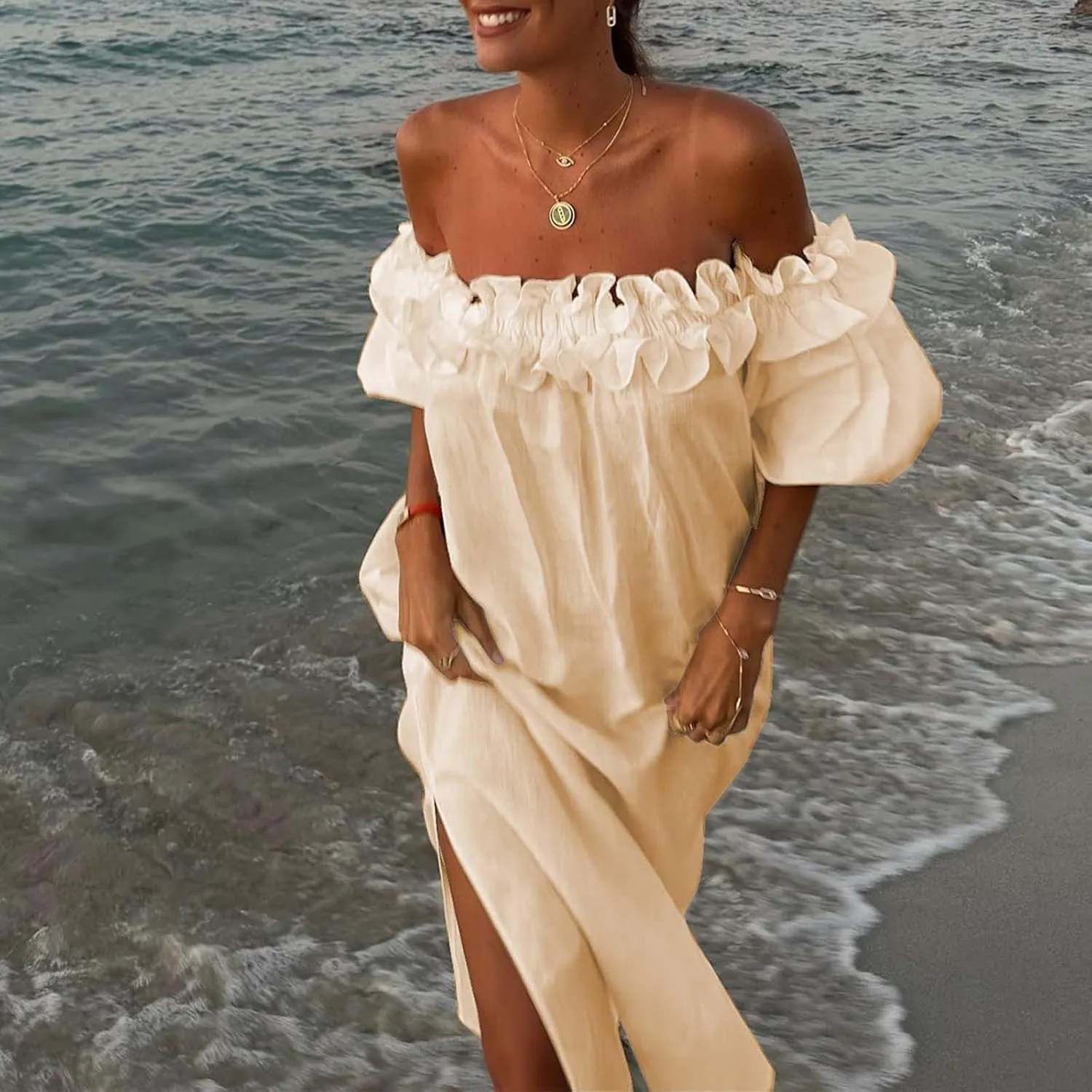Womens 2024 Summer Boho Midi Dress Off Shoulder Puff Sleeve Loose Fit Smocked Ruffle Beach Flowy Dresses Floral Neck