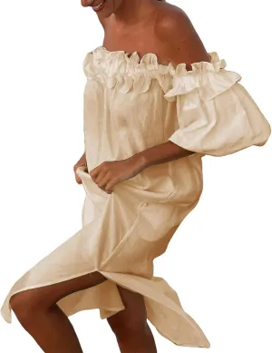 Womens 2024 Summer Boho Midi Dress Off Shoulder Puff Sleeve Loose Fit Smocked Ruffle Beach Flowy Dresses Floral Neck