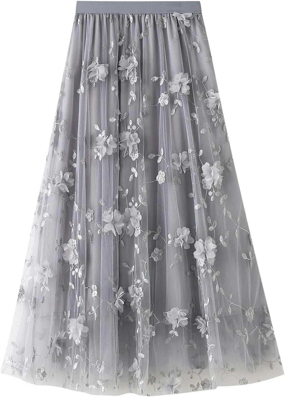 Women's 3D Floral Butterfly Embroidery Tulle Skirts Layered Elastic High Waist Tutu Midi Pleated Mesh A-Line Skirt