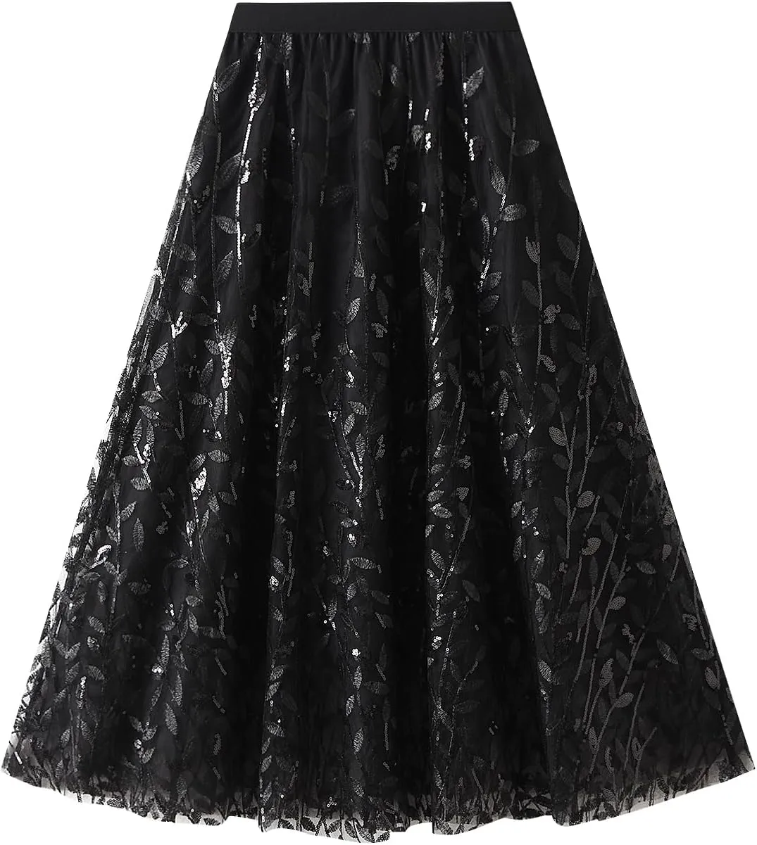 Women's 3D Floral Butterfly Embroidery Tulle Skirts Layered Elastic High Waist Tutu Midi Pleated Mesh A-Line Skirt