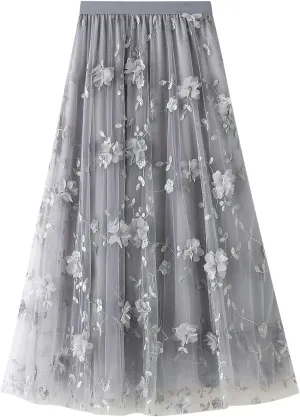 Women's 3D Floral Butterfly Embroidery Tulle Skirts Layered Elastic High Waist Tutu Midi Pleated Mesh A-Line Skirt