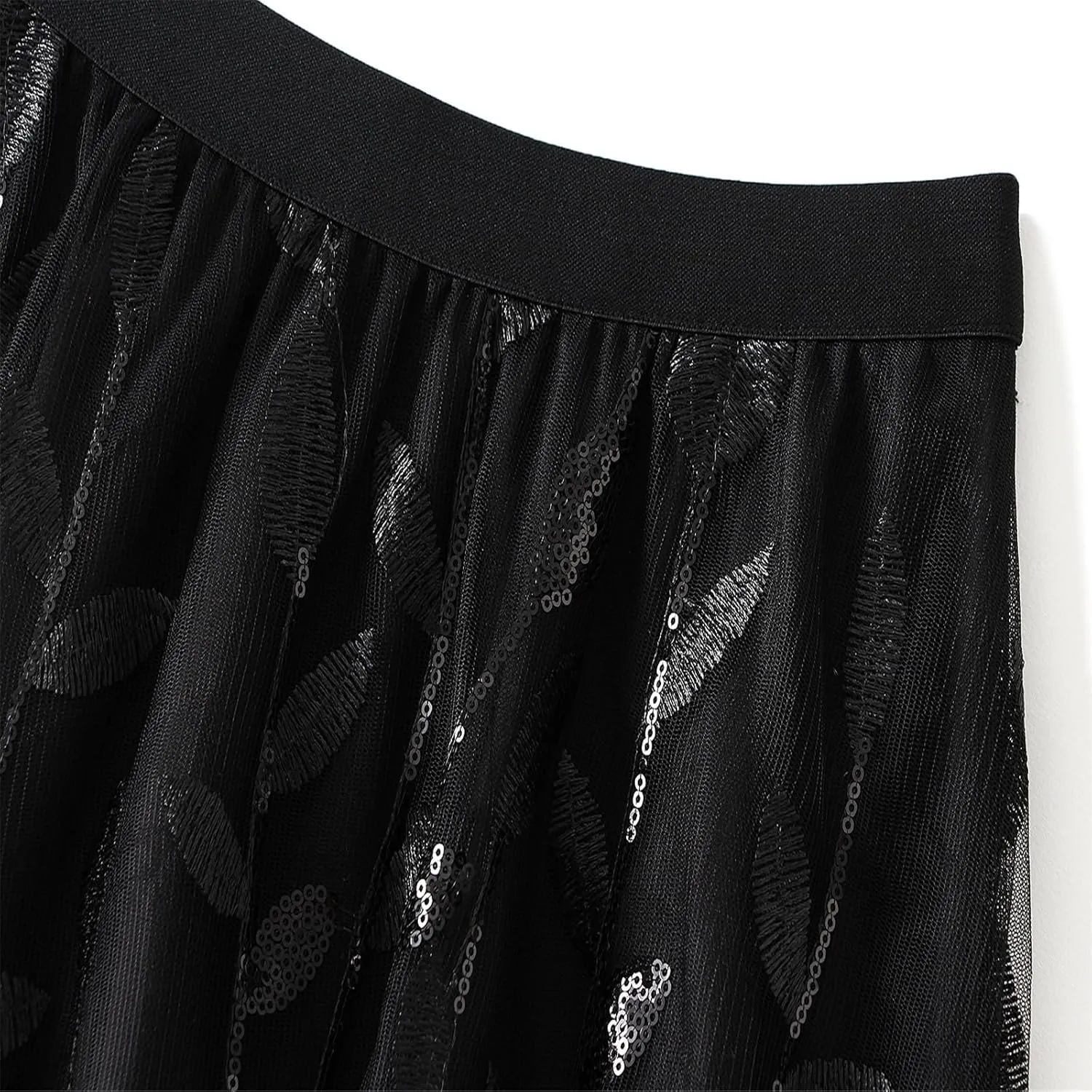 Women's 3D Floral Butterfly Embroidery Tulle Skirts Layered Elastic High Waist Tutu Midi Pleated Mesh A-Line Skirt