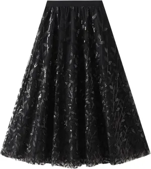 Women's 3D Floral Butterfly Embroidery Tulle Skirts Layered Elastic High Waist Tutu Midi Pleated Mesh A-Line Skirt