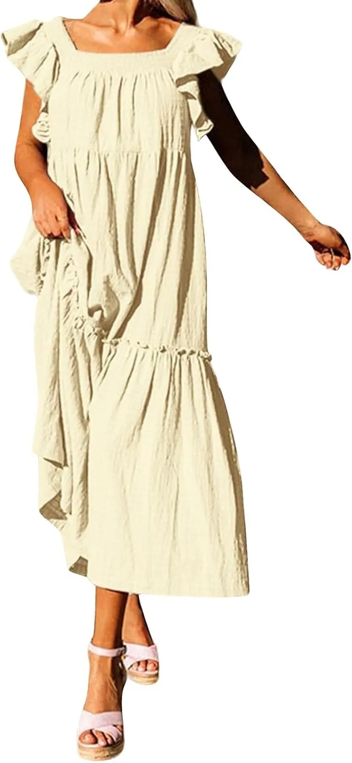 Womens Babydoll Maxi Dress Ruffle Cap Short Sleeve Dresses Tiered Pleated Swing Flowy Long Sundress Summer Outfits