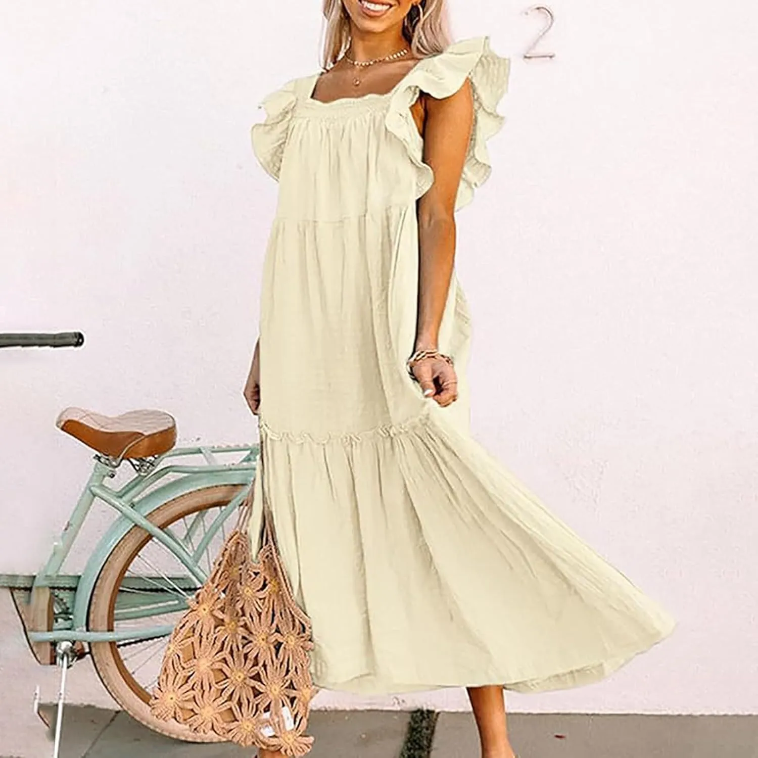 Womens Babydoll Maxi Dress Ruffle Cap Short Sleeve Dresses Tiered Pleated Swing Flowy Long Sundress Summer Outfits