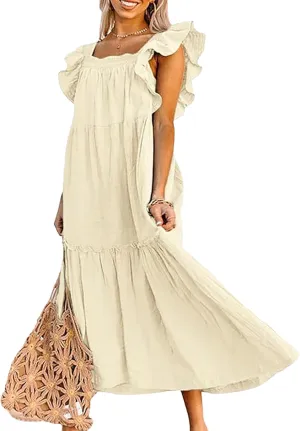 Womens Babydoll Maxi Dress Ruffle Cap Short Sleeve Dresses Tiered Pleated Swing Flowy Long Sundress Summer Outfits