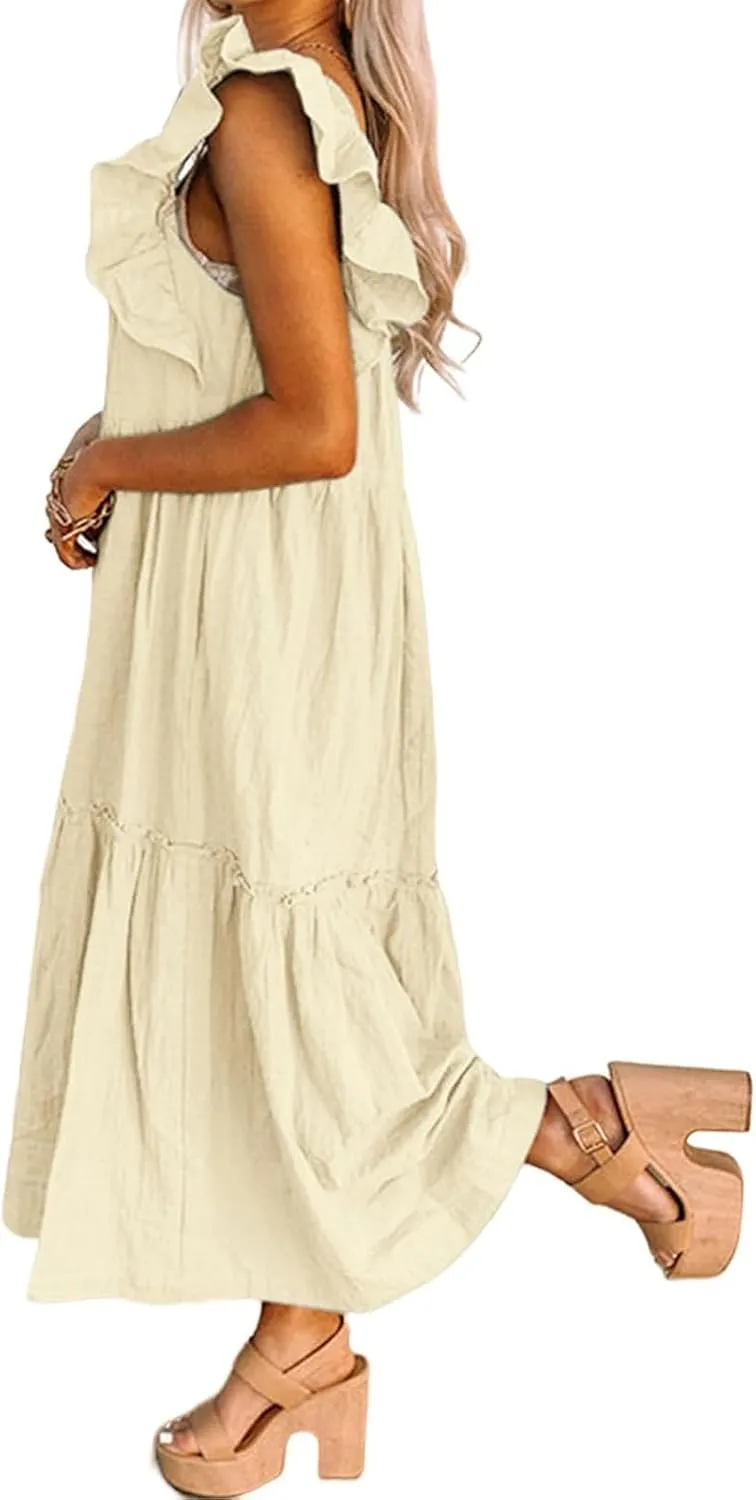 Womens Babydoll Maxi Dress Ruffle Cap Short Sleeve Dresses Tiered Pleated Swing Flowy Long Sundress Summer Outfits