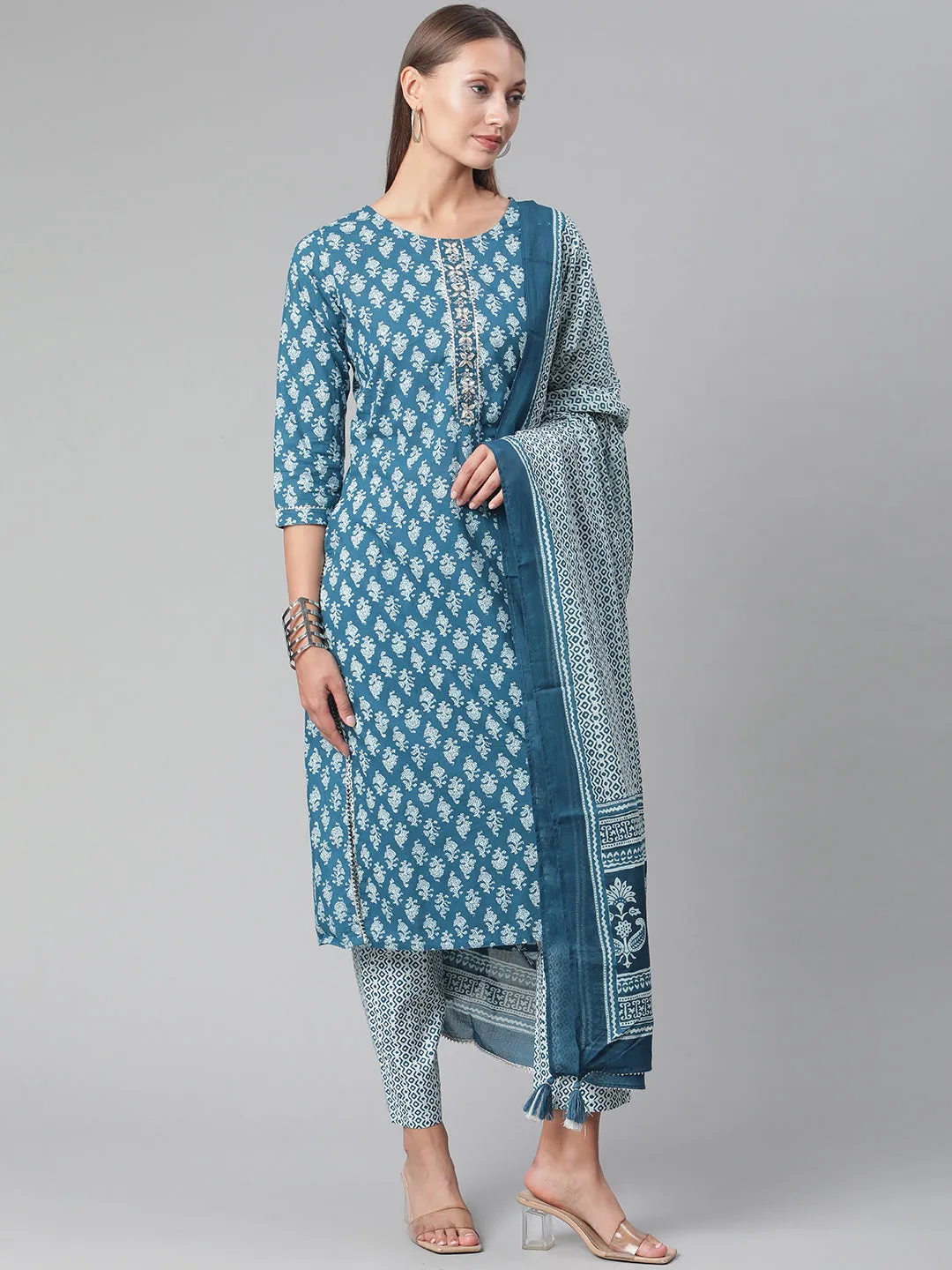 Women'S Blue Cotton Kurta Pant With Dupatta Set