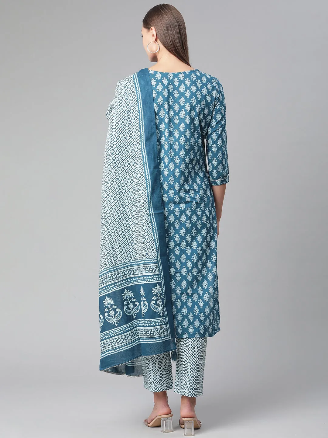 Women'S Blue Cotton Kurta Pant With Dupatta Set