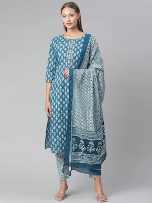 Women'S Blue Cotton Kurta Pant With Dupatta Set
