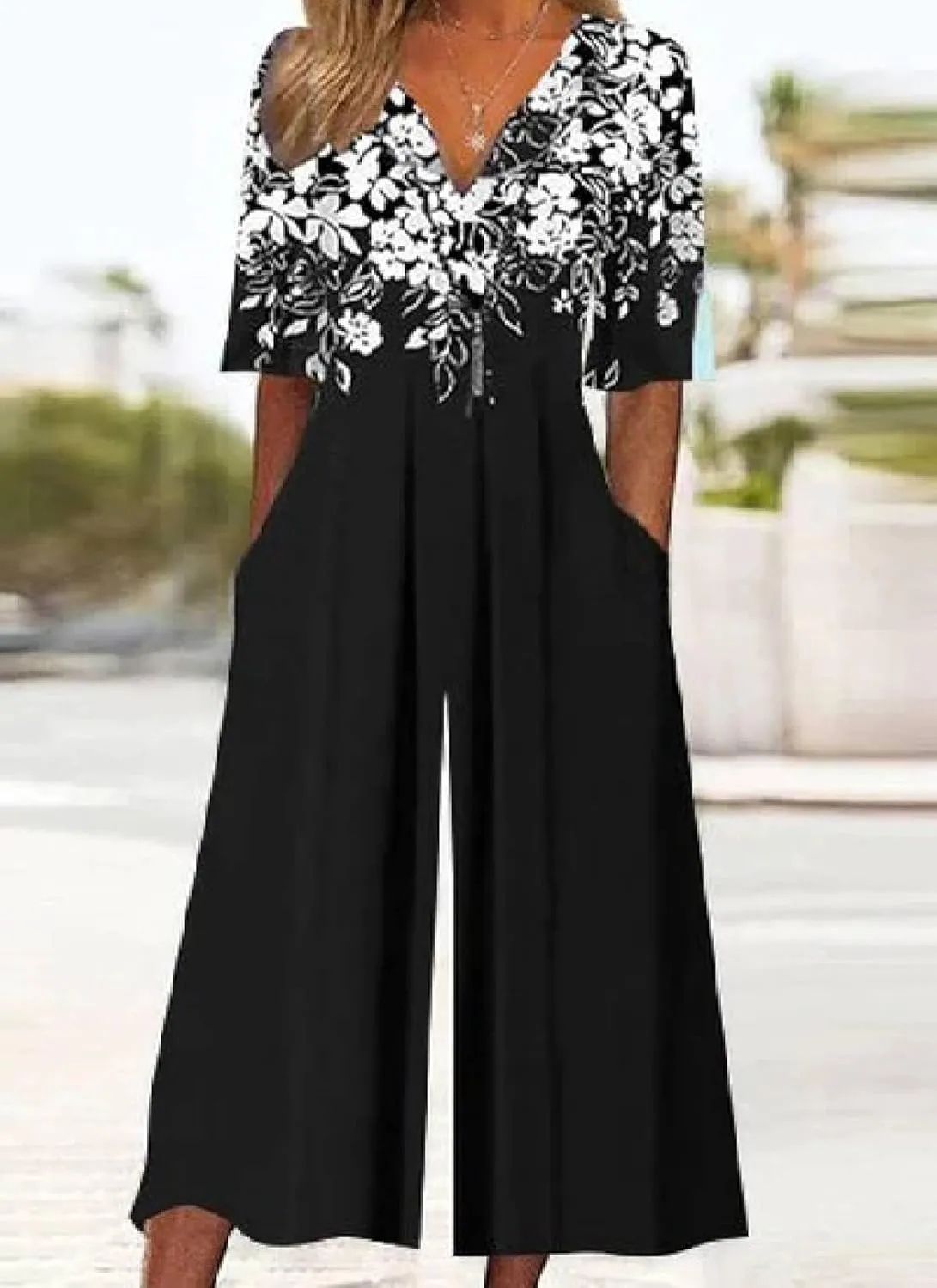 Womens Boho Jumpsuits Floral Printed Half Sleeve High Waist Pockets Wide Leg Long Romper Summer Beach Vacation Outfits