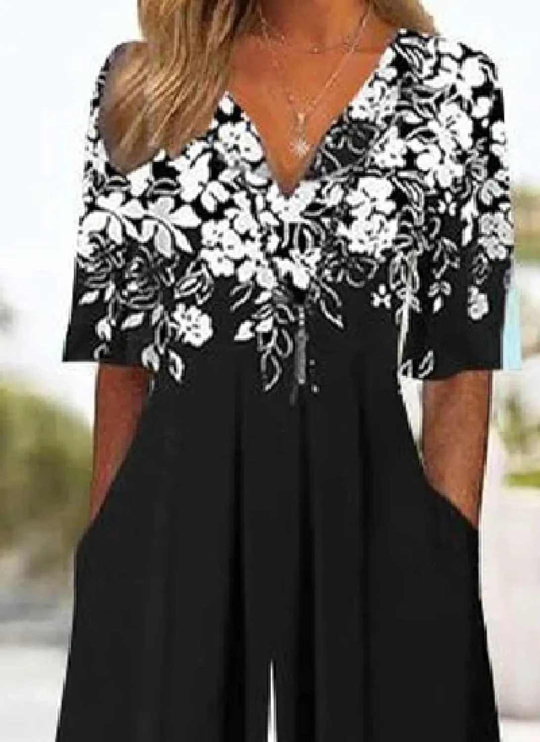 Womens Boho Jumpsuits Floral Printed Half Sleeve High Waist Pockets Wide Leg Long Romper Summer Beach Vacation Outfits