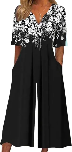 Womens Boho Jumpsuits Floral Printed Half Sleeve High Waist Pockets Wide Leg Long Romper Summer Beach Vacation Outfits