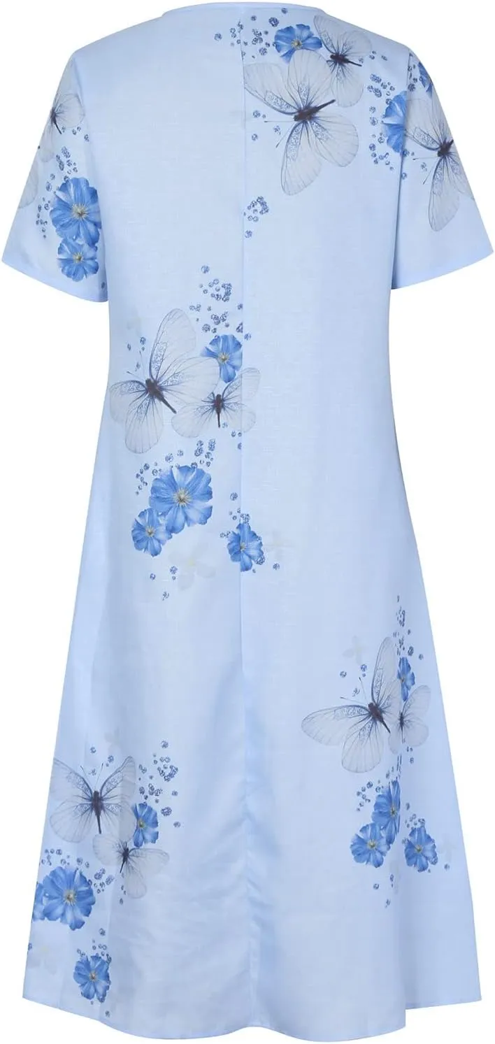 Women's Casual Beach Dresses Loose Butterfly Printing Sundress V-Neck Half Sleeve Button Down Long Dress with Pocket