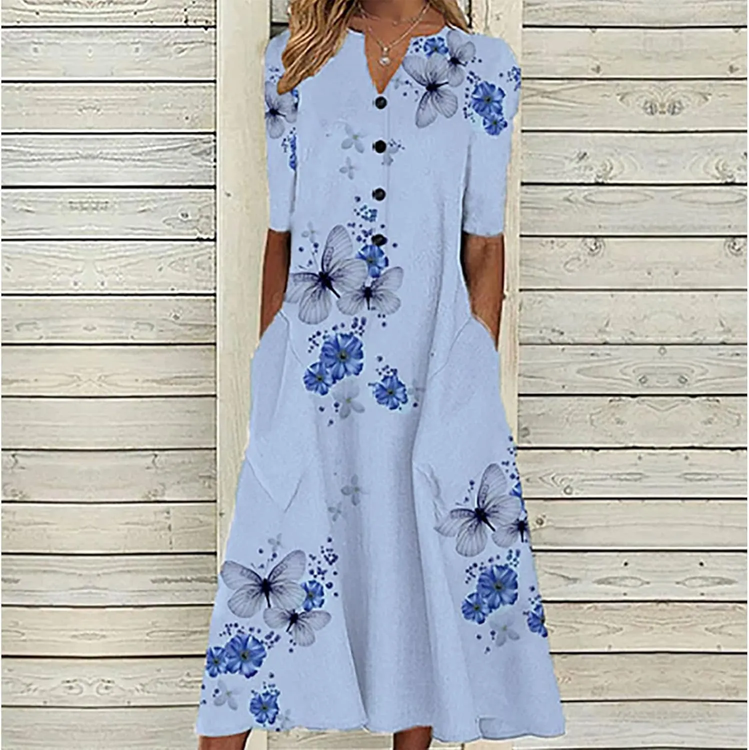 Women's Casual Beach Dresses Loose Butterfly Printing Sundress V-Neck Half Sleeve Button Down Long Dress with Pocket