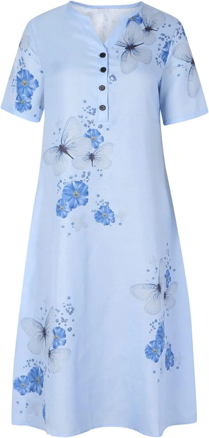 Women's Casual Beach Dresses Loose Butterfly Printing Sundress V-Neck Half Sleeve Button Down Long Dress with Pocket