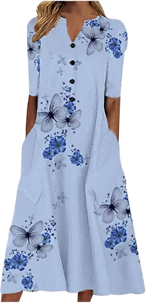 Women's Casual Beach Dresses Loose Butterfly Printing Sundress V-Neck Half Sleeve Button Down Long Dress with Pocket