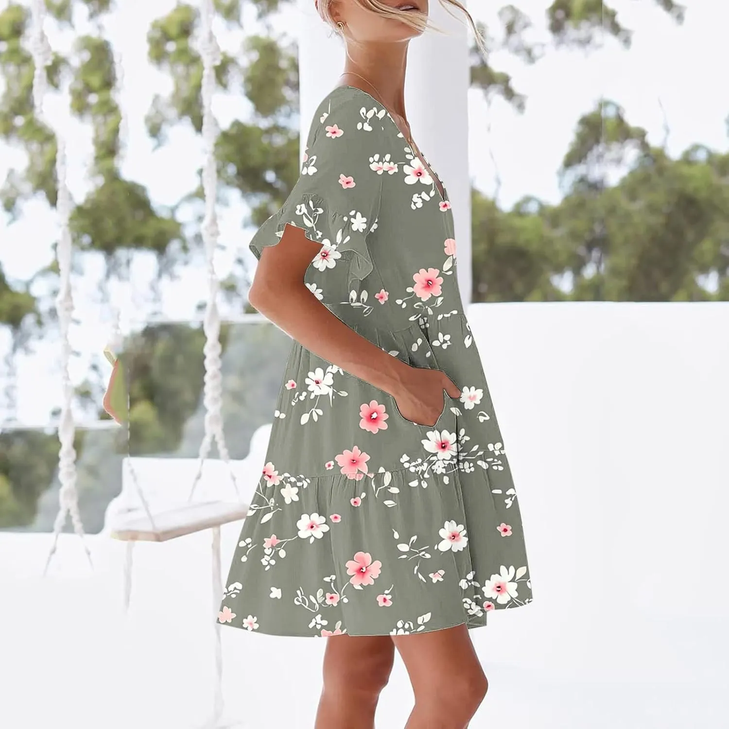 Women's Casual Ruffle Beach Dresses Trendy 2025 Summer Floral Print Loose V Neck A-Line Short Sleeve Mini Dress with Pockets