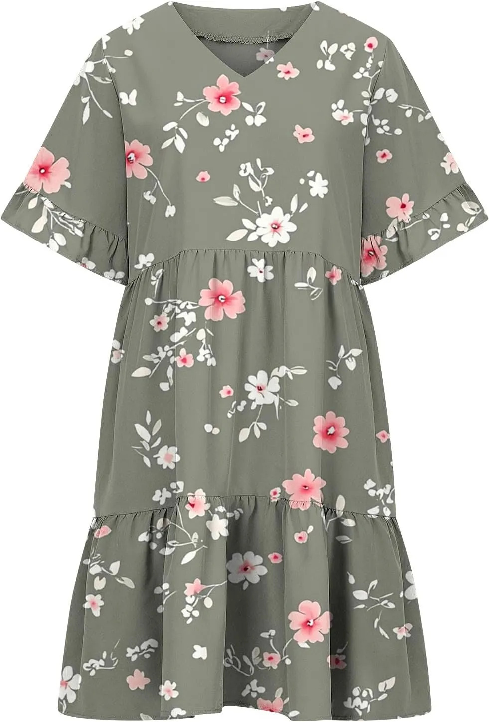 Women's Casual Ruffle Beach Dresses Trendy 2025 Summer Floral Print Loose V Neck A-Line Short Sleeve Mini Dress with Pockets
