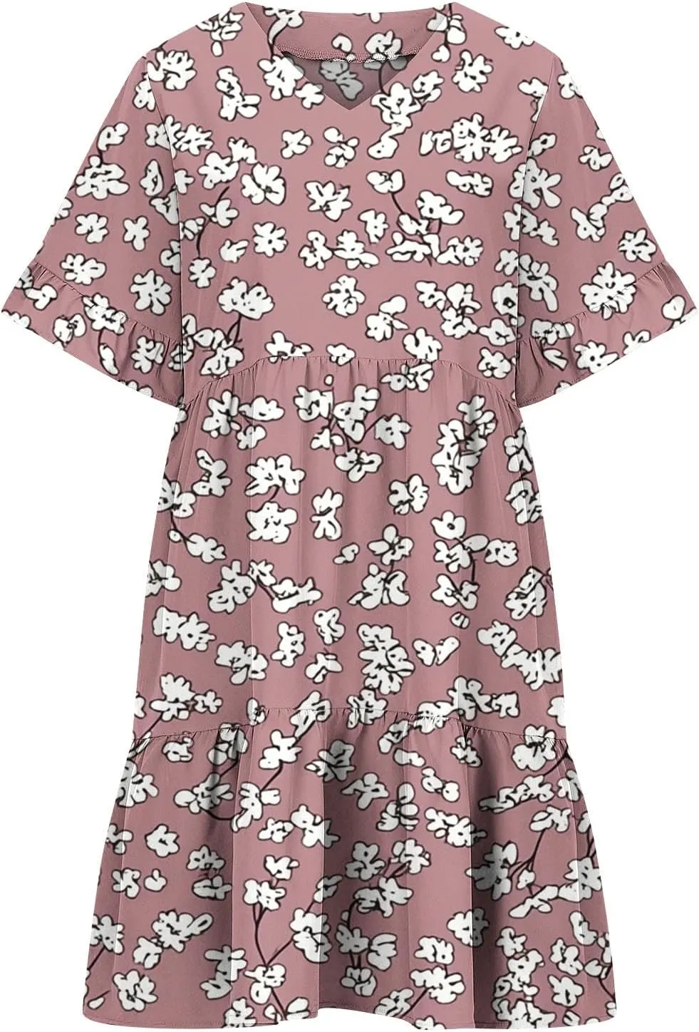 Women's Casual Ruffle Beach Dresses Trendy 2025 Summer Floral Print Loose V Neck A-Line Short Sleeve Mini Dress with Pockets