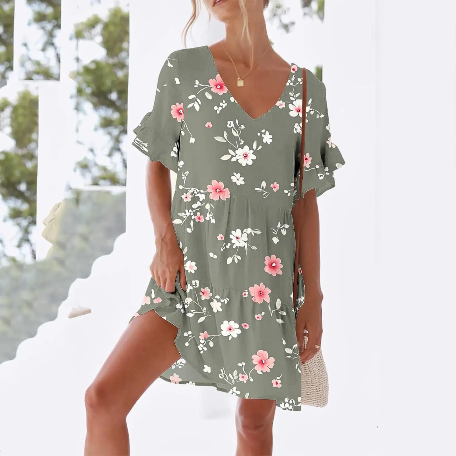 Women's Casual Ruffle Beach Dresses Trendy 2025 Summer Floral Print Loose V Neck A-Line Short Sleeve Mini Dress with Pockets