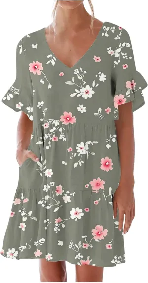 Women's Casual Ruffle Beach Dresses Trendy 2025 Summer Floral Print Loose V Neck A-Line Short Sleeve Mini Dress with Pockets