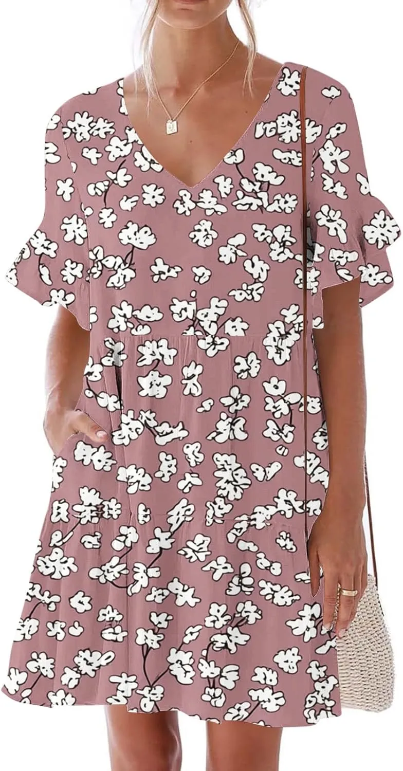 Women's Casual Ruffle Beach Dresses Trendy 2025 Summer Floral Print Loose V Neck A-Line Short Sleeve Mini Dress with Pockets