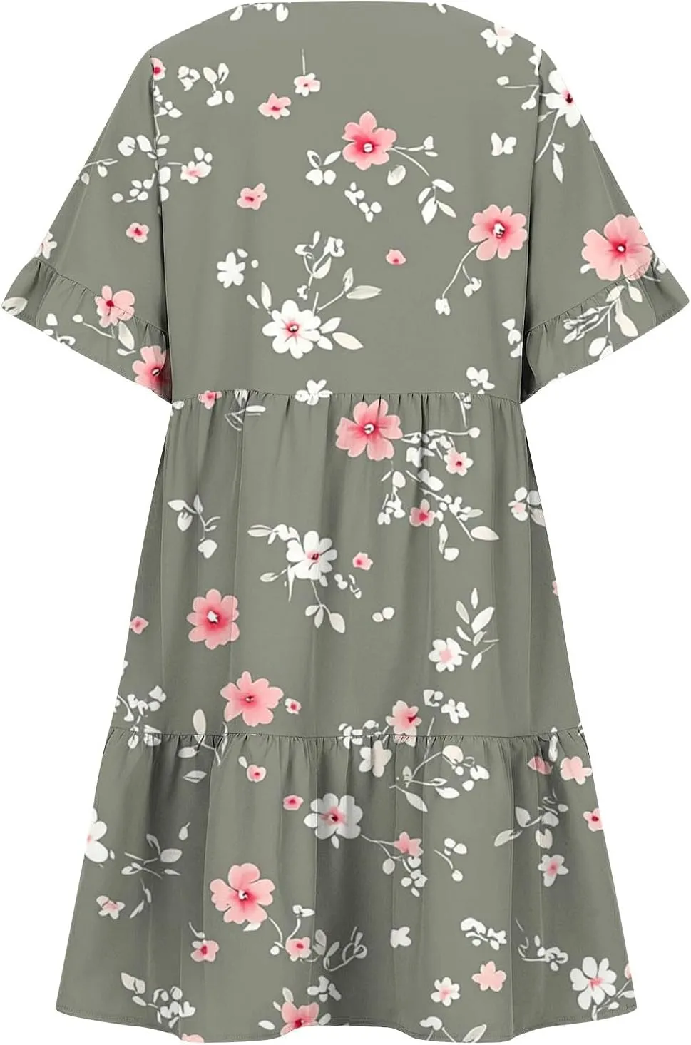 Women's Casual Ruffle Beach Dresses Trendy 2025 Summer Floral Print Loose V Neck A-Line Short Sleeve Mini Dress with Pockets