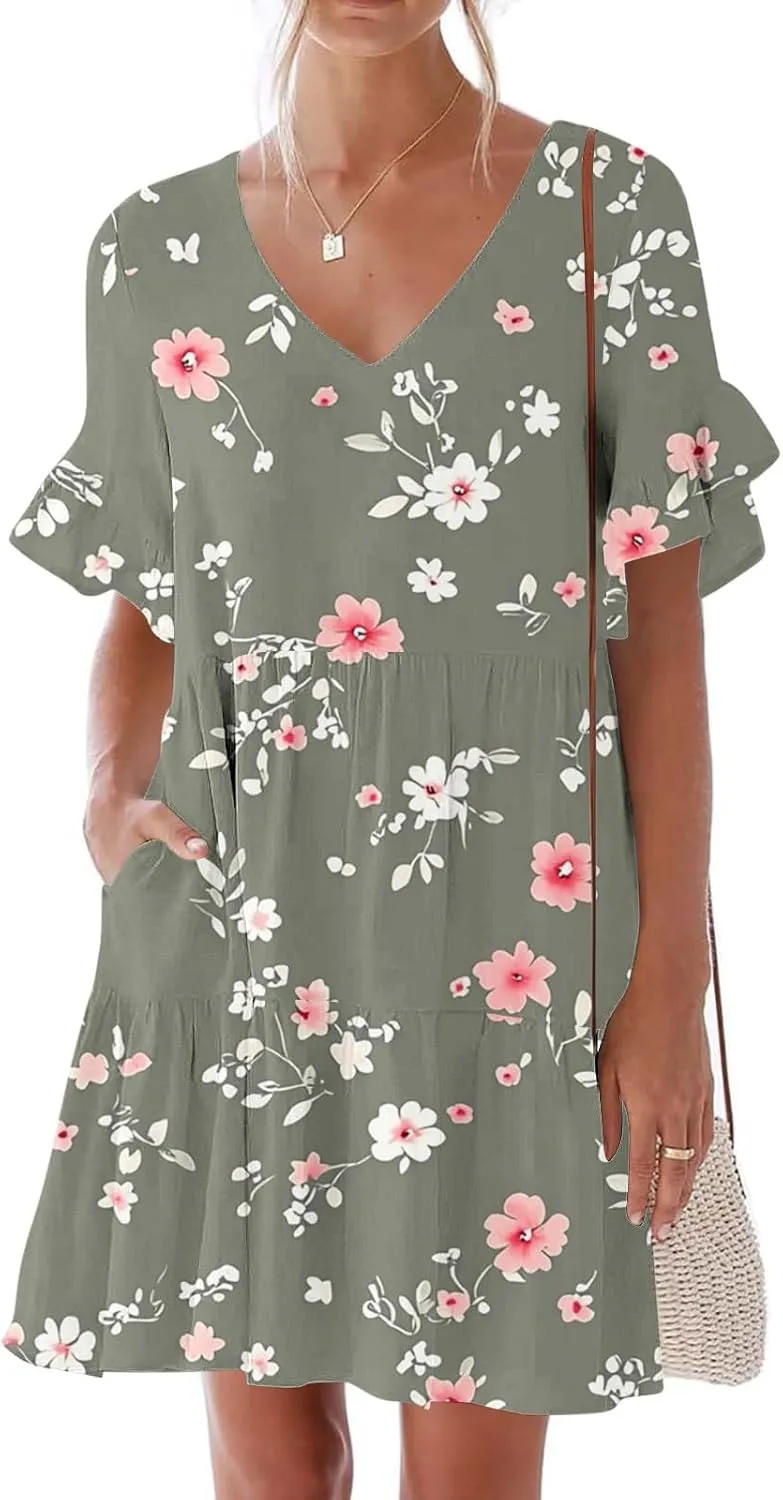 Women's Casual Ruffle Beach Dresses Trendy 2025 Summer Floral Print Loose V Neck A-Line Short Sleeve Mini Dress with Pockets