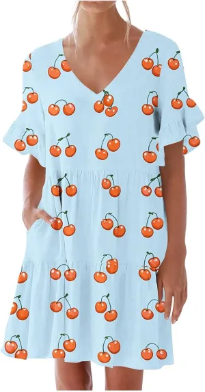 Women's Casual Ruffle Beach Dresses Trendy 2025 Summer Floral Print Loose V Neck A-Line Short Sleeve Mini Dress with Pockets