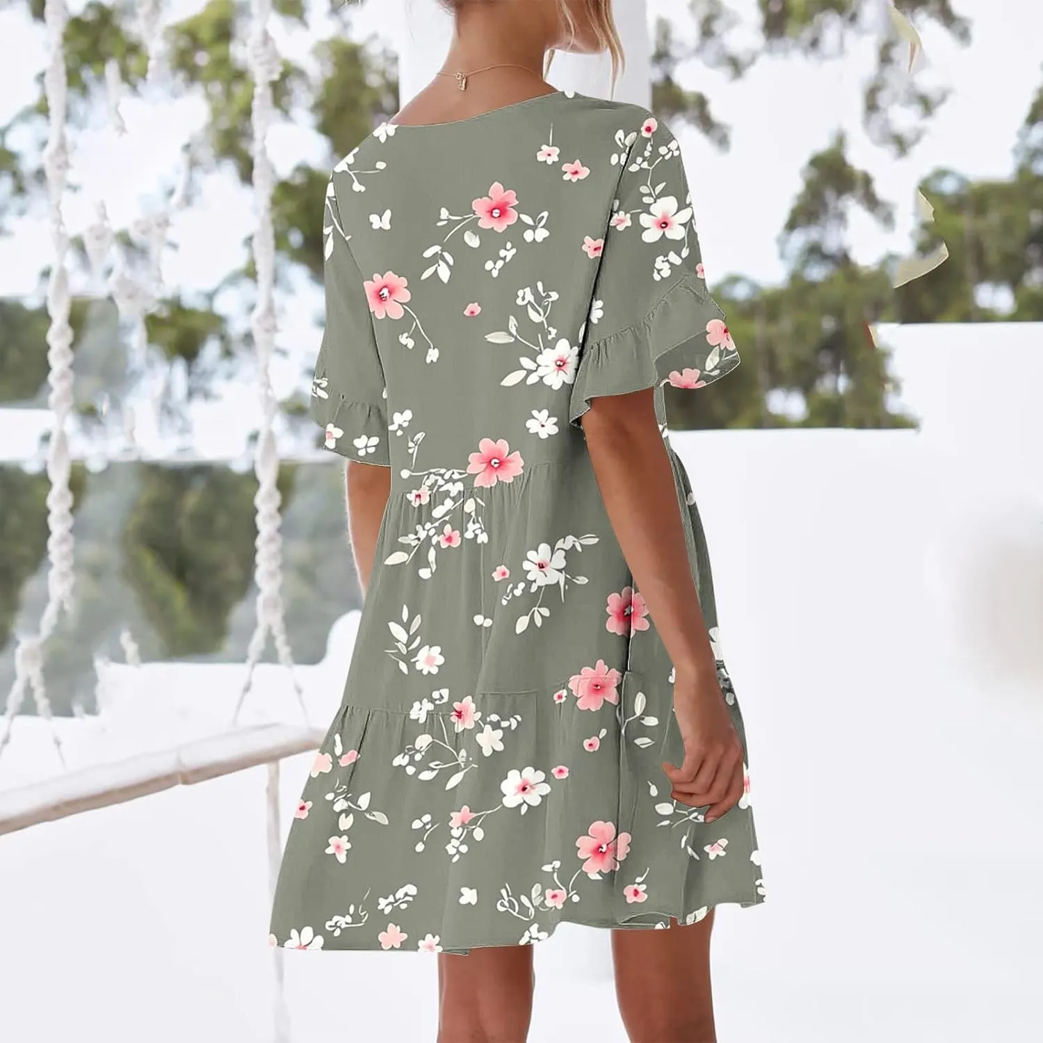 Women's Casual Ruffle Beach Dresses Trendy 2025 Summer Floral Print Loose V Neck A-Line Short Sleeve Mini Dress with Pockets