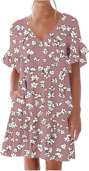 Women's Casual Ruffle Beach Dresses Trendy 2025 Summer Floral Print Loose V Neck A-Line Short Sleeve Mini Dress with Pockets