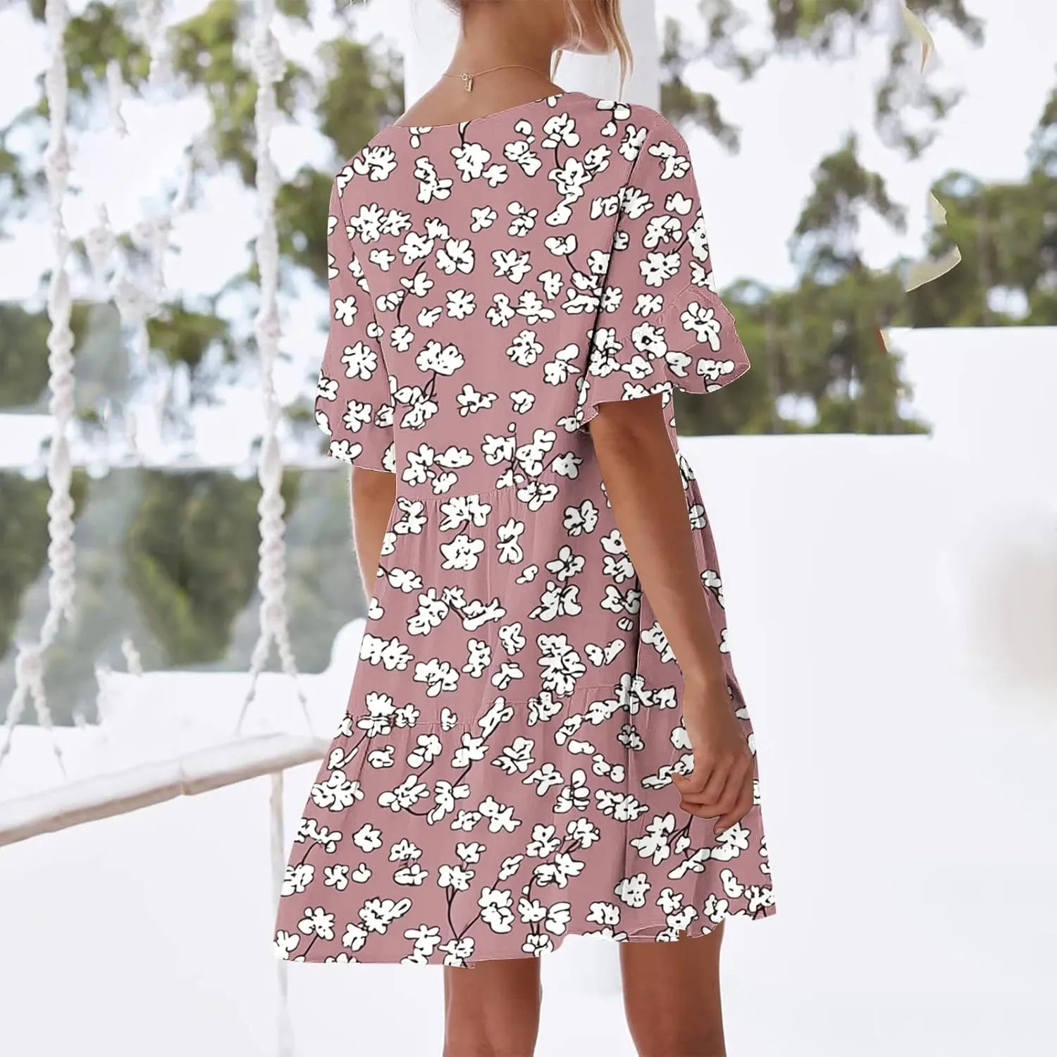 Women's Casual Ruffle Beach Dresses Trendy 2025 Summer Floral Print Loose V Neck A-Line Short Sleeve Mini Dress with Pockets