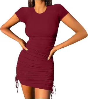 Women's Casual Short Sleeve Dress T Shirt Bodycon Wrap Ruched Mini Summer Night Out Sundress 2025 Summer