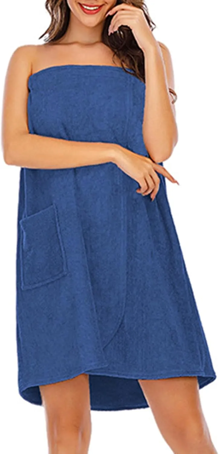 Women's Casual Thicken Sleeveless Spa Robe Sexy Strapless Bathrobe Elastic Top Split Loose Mini Dress with Pockets
