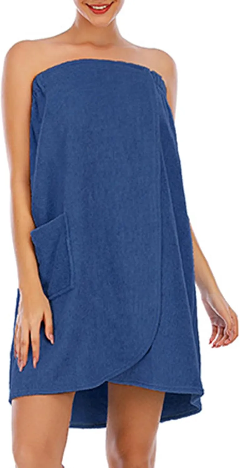 Women's Casual Thicken Sleeveless Spa Robe Sexy Strapless Bathrobe Elastic Top Split Loose Mini Dress with Pockets