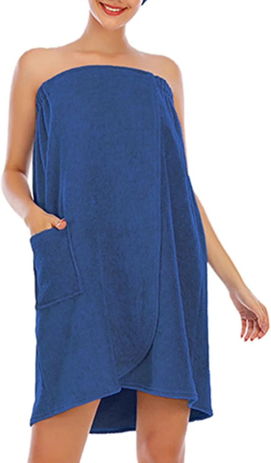 Women's Casual Thicken Sleeveless Spa Robe Sexy Strapless Bathrobe Elastic Top Split Loose Mini Dress with Pockets