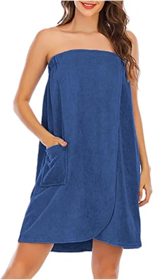 Women's Casual Thicken Sleeveless Spa Robe Sexy Strapless Bathrobe Elastic Top Split Loose Mini Dress with Pockets