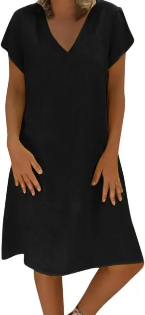 Women's Cotton Linen Midi Dress Summer Plus Size V-Neck Short Sleeve T Shirt Dresses Flowy Solid Color Beach Dress