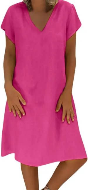 Women's Cotton Linen Midi Dress Summer Plus Size V-Neck Short Sleeve T Shirt Dresses Flowy Solid Color Beach Dress