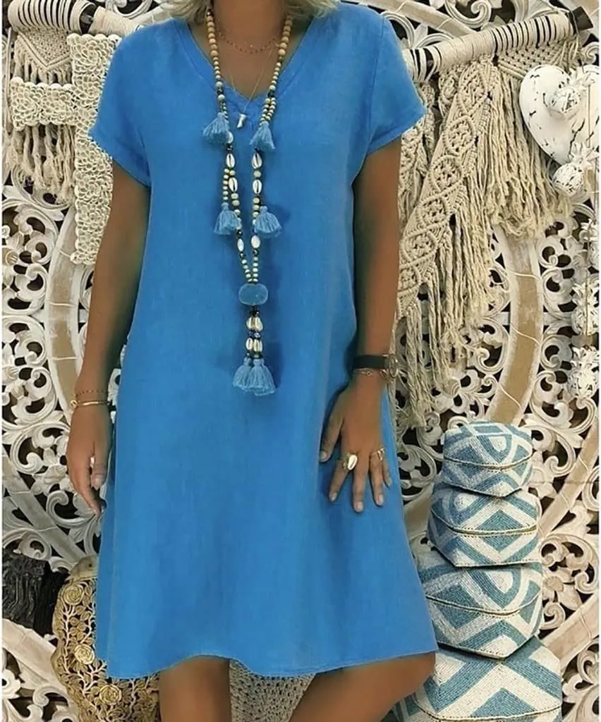 Women's Cotton Linen Midi Dress Summer Plus Size V-Neck Short Sleeve T Shirt Dresses Flowy Solid Color Beach Dress