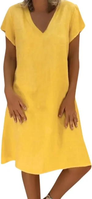 Women's Cotton Linen Midi Dress Summer Plus Size V-Neck Short Sleeve T Shirt Dresses Flowy Solid Color Beach Dress